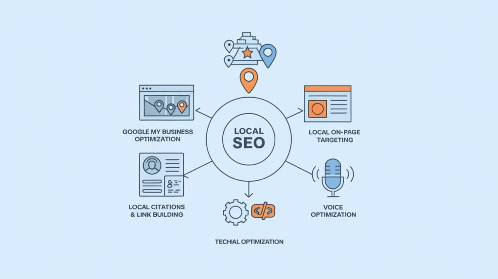 Local SEO services in Charlotte with a focus on GMB optimization, technical SEO, link building, citations, voice search, and on-page optimization for enhanced visibility and growth